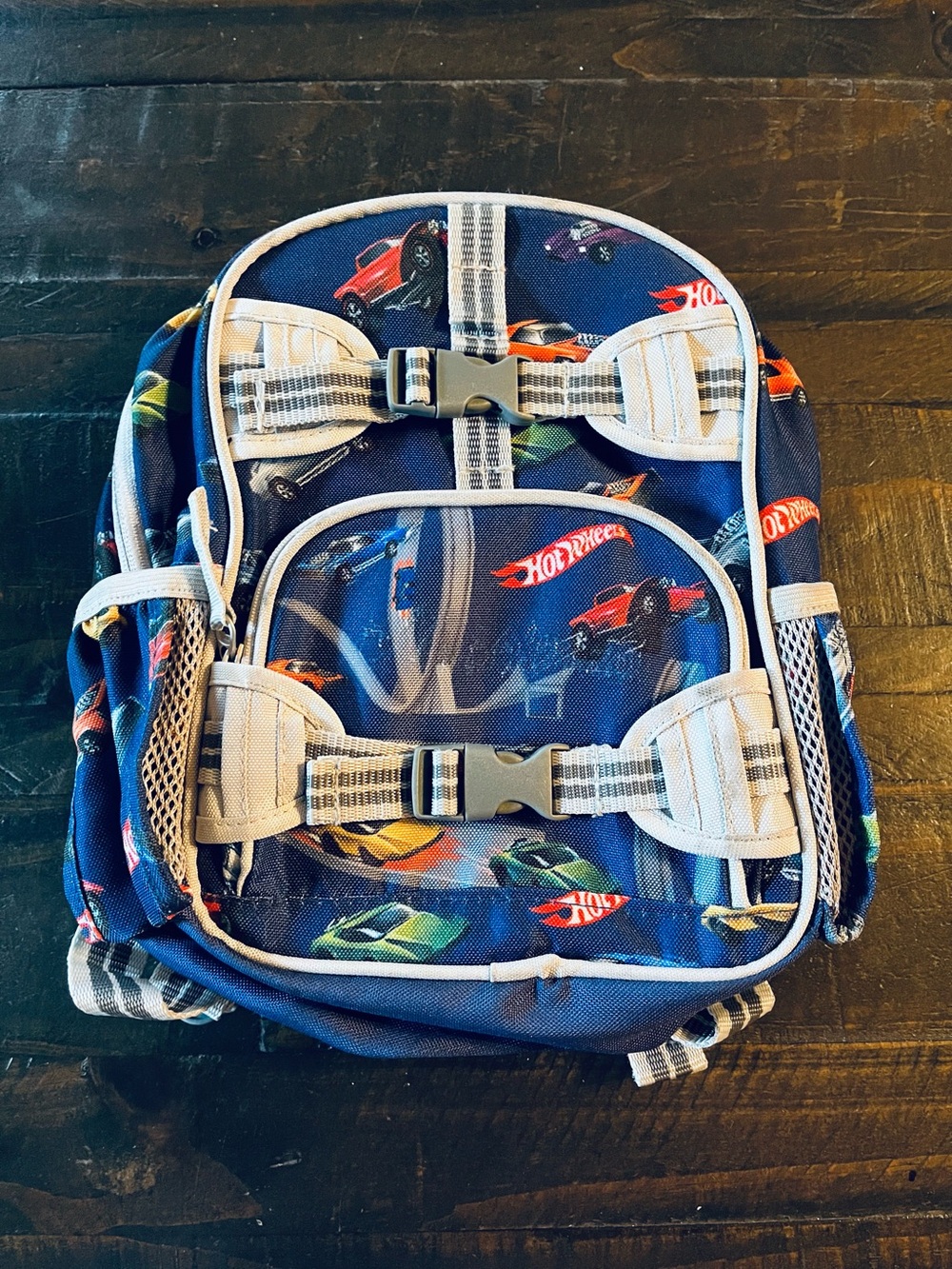 Pottery Barn Mini Hot Wheels Navy Kids Backpack with Race Car Print